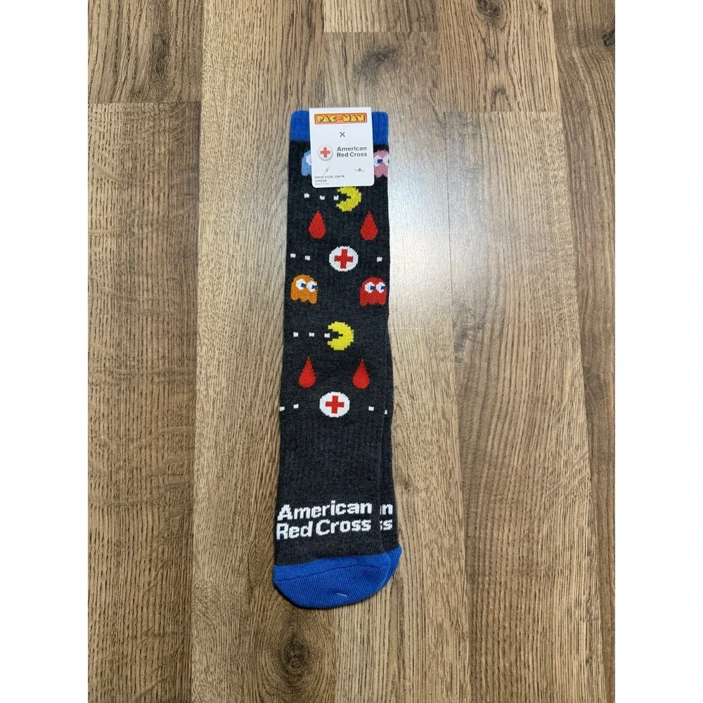 Pac-Man American Red Cross Socks Unisex OSFM Gray Adult Retro Video Game NWT
